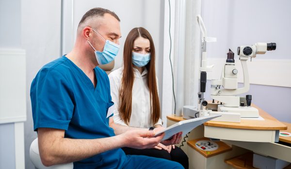 Ophthalmologist consultation in a modern new hospital before laser eye surgery. Complete guide about the procedure